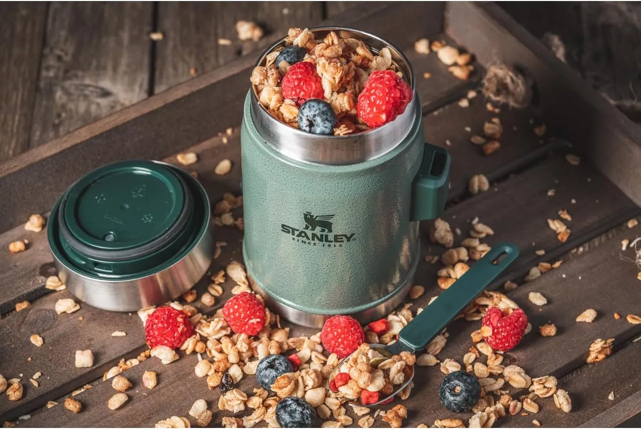 Stanley Classic Food Jar and Spork 14 oz | Vacuum Insulated Thermos Food Container | Wide Mouth Screw On Lid | Packable for Travel | Stainless Steel with Leakproof Lid | BPA-Free | Hammertone Green