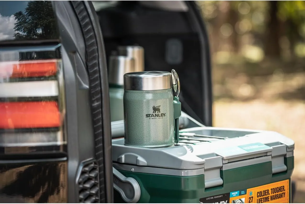 Stanley Classic Food Jar and Spork 14 oz | Vacuum Insulated Thermos Food Container | Wide Mouth Screw On Lid | Packable for Travel | Stainless Steel with Leakproof Lid | BPA-Free | Hammertone Green