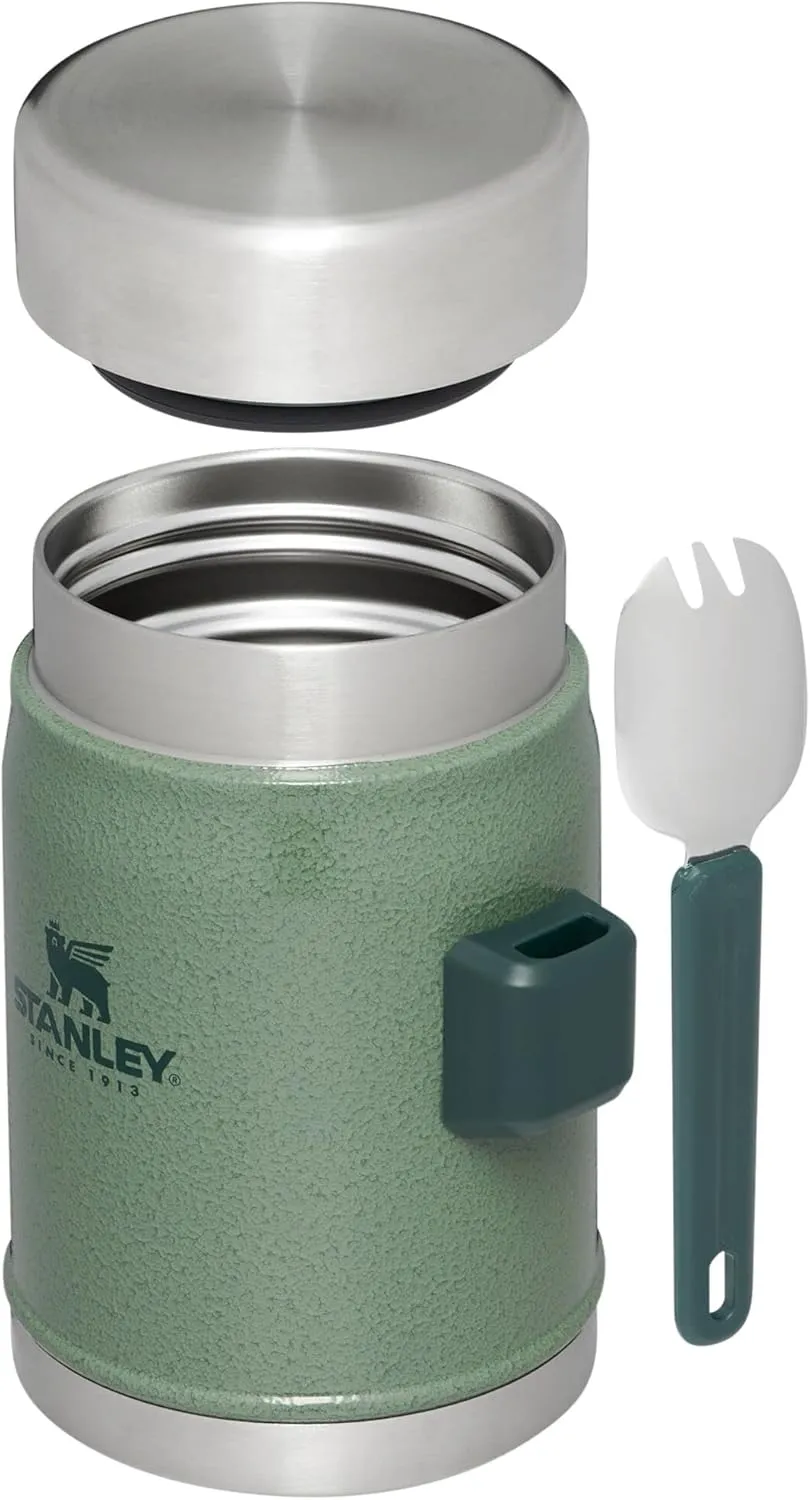 Stanley Classic Food Jar and Spork 14 oz | Vacuum Insulated Thermos Food Container | Wide Mouth Screw On Lid | Packable for Travel | Stainless Steel with Leakproof Lid | BPA-Free | Hammertone Green