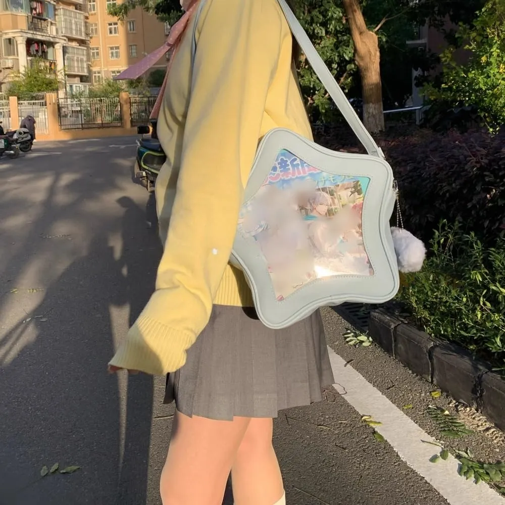 Star Shape Ita Bag Pins Display Crossbody Bag PU Leather Backpack Y2k Aesthetic Cute Handbag (Blue)