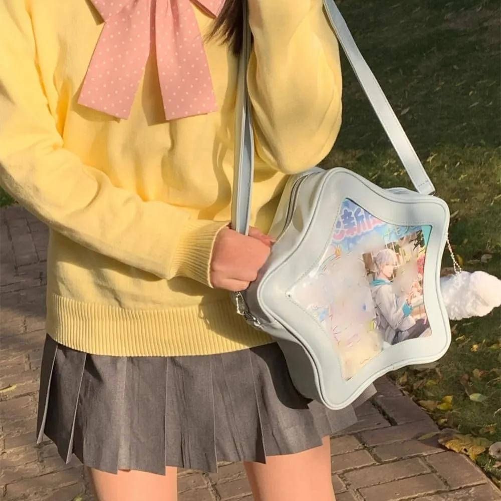 Star Shape Ita Bag Pins Display Crossbody Bag PU Leather Backpack Y2k Aesthetic Cute Handbag (Blue)