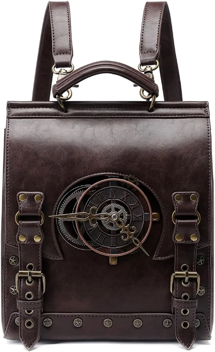 STEAM PUNK BACKPACK for Women - Renaissance Purse with Clock, Medieval Bag, Goth Messenger Bag, Goth Purse, Leather Goth Bag