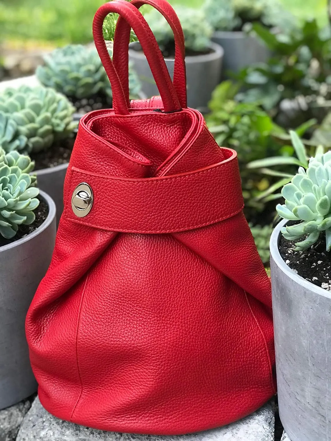 Stella Convertible Leather Backpack Purse – Casual Travel Tote Bag Red