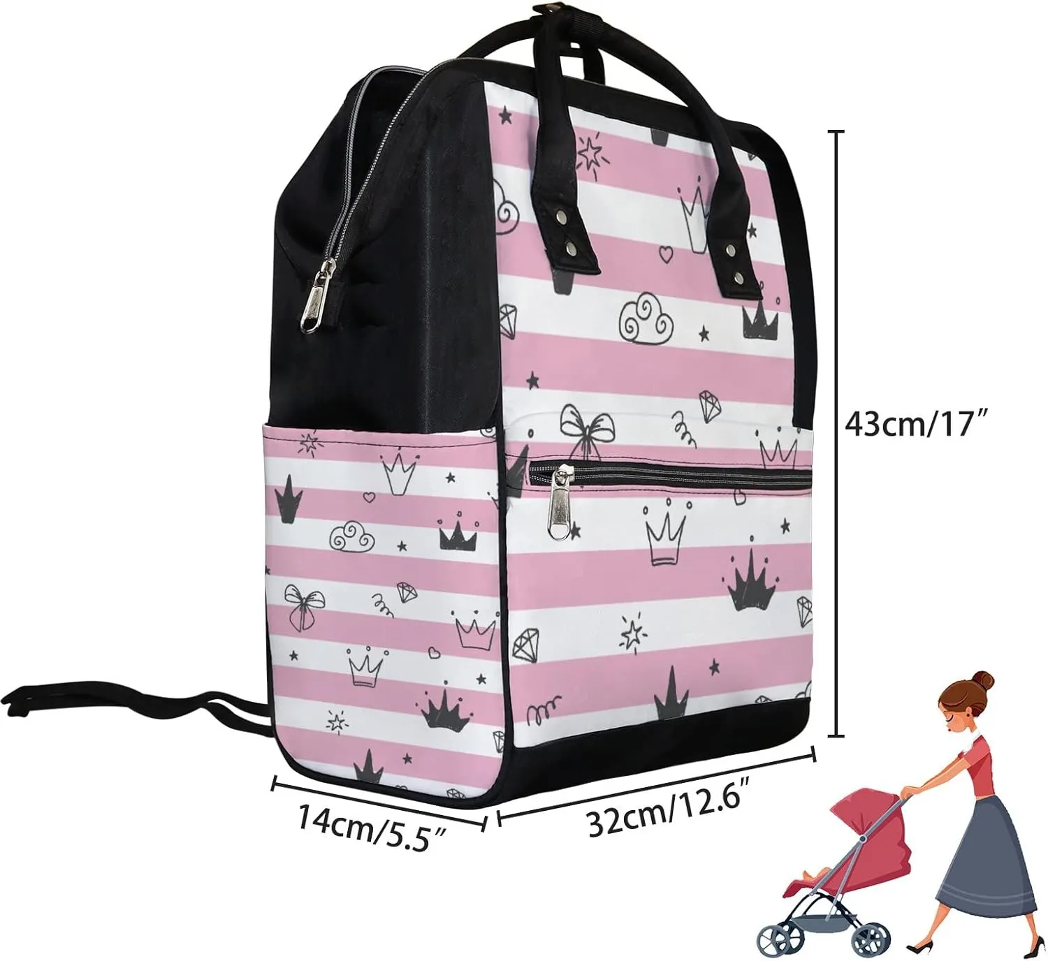 Stick Figure Bow Crown Diaper Bag Backpack Waterproof Backpack Baby Nappy Changing Bag for Travel Large Capacity Durable and Stylish for Woman