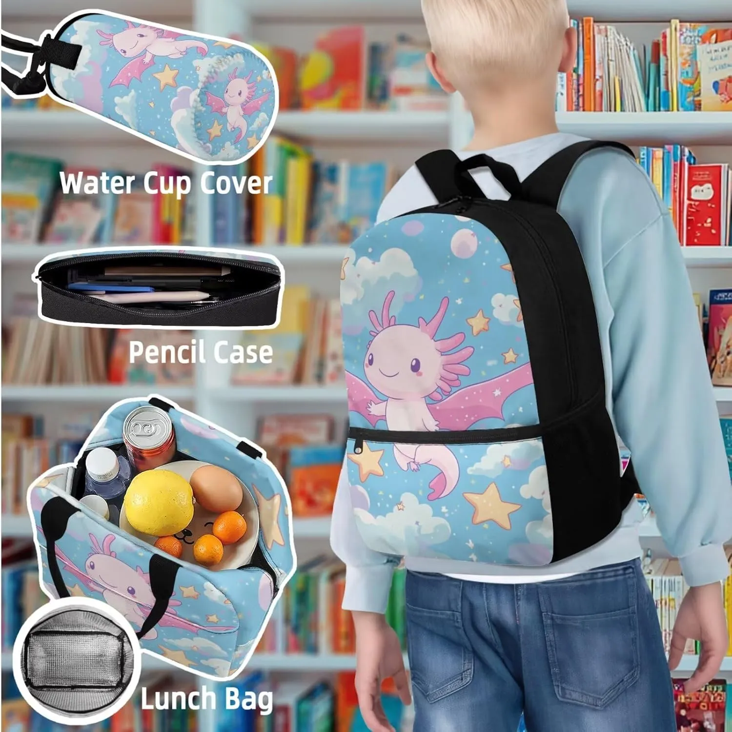 Strawberry Backpack with Lunchbox and Water Bottle Bag Soft Zipper Pencil Case 4 in 1 Print Backpack School Bag Lightweight Teen Bookbag for Girls Boys Ages 14-16 Kindergarten Elementary