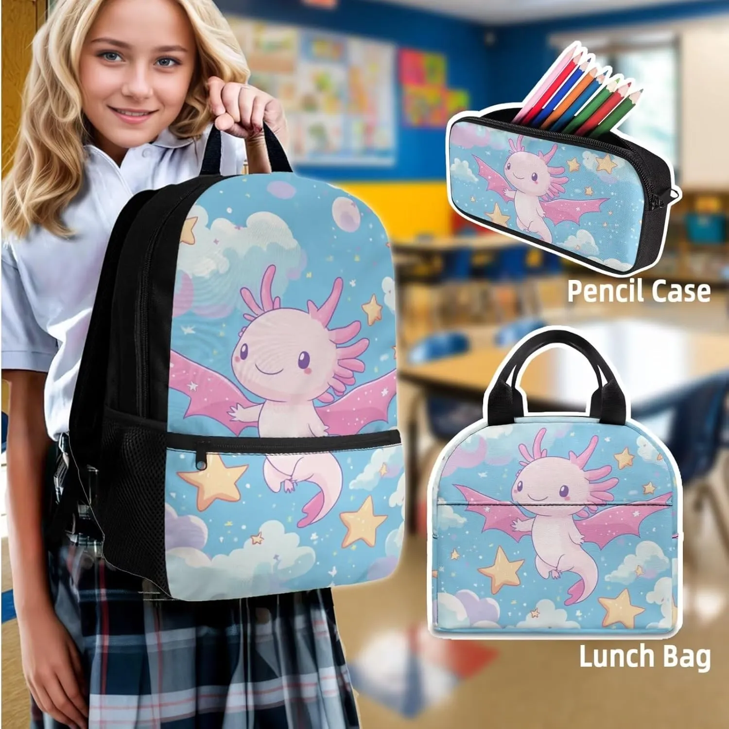 Strawberry Backpack with Lunchbox and Water Bottle Bag Soft Zipper Pencil Case 4 in 1 Print Backpack School Bag Lightweight Teen Bookbag for Girls Boys Ages 14-16 Kindergarten Elementary