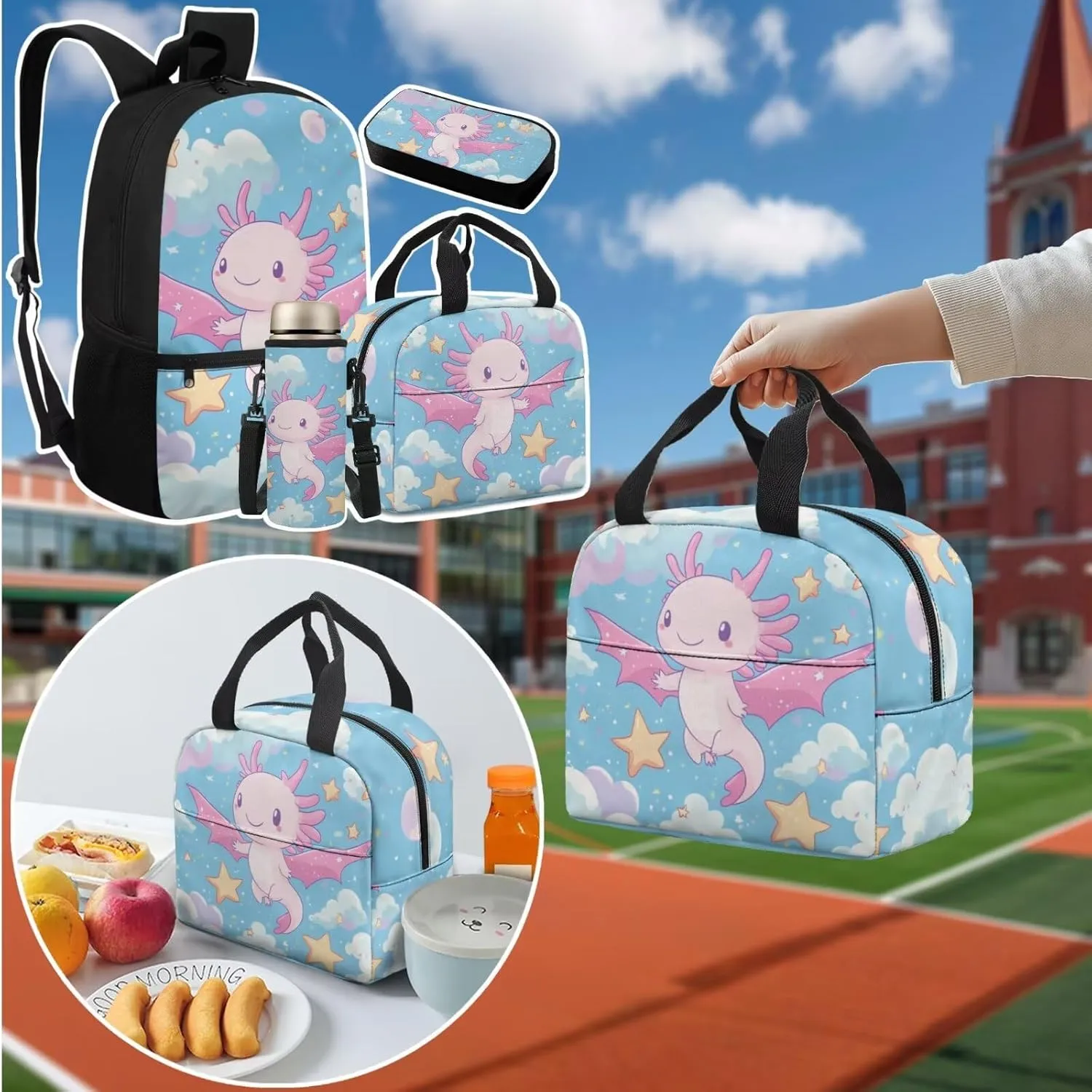 Strawberry Backpack with Lunchbox and Water Bottle Bag Soft Zipper Pencil Case 4 in 1 Print Backpack School Bag Lightweight Teen Bookbag for Girls Boys Ages 14-16 Kindergarten Elementary