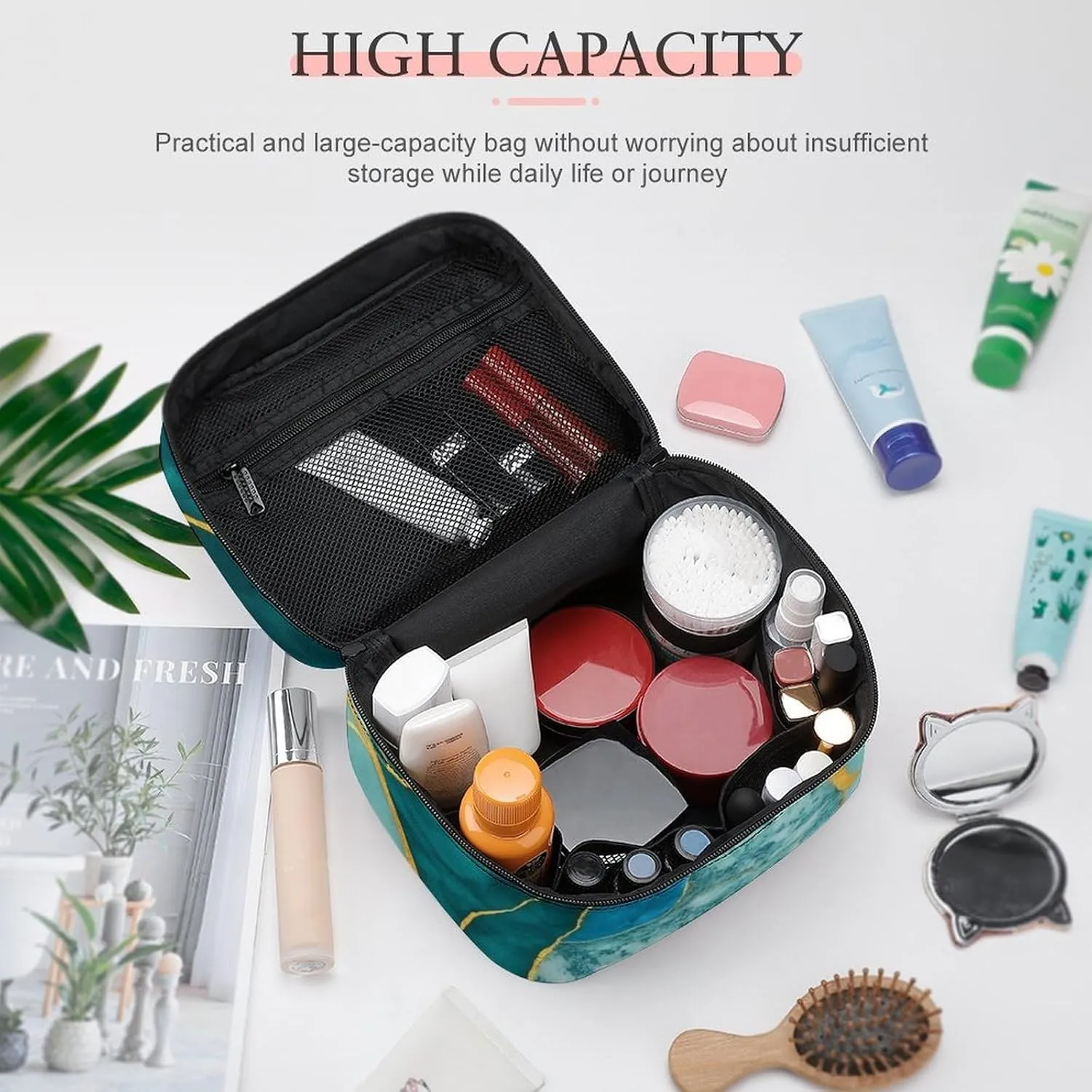 Stylish Cosmetic Bag for Women, Travel Toiletry Storage Bag with with Zipper Pouch Gold Glitters Marble Turquoise Luxury Texture Makeup Organizer Case