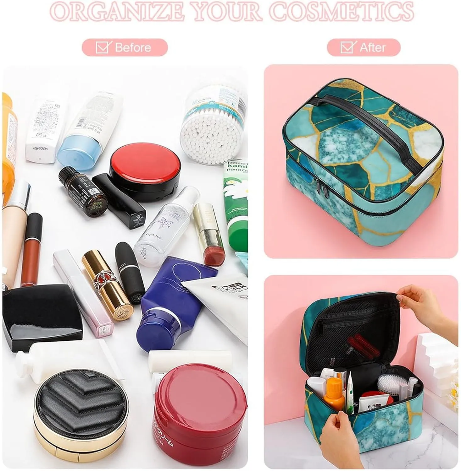 Stylish Cosmetic Bag for Women, Travel Toiletry Storage Bag with with Zipper Pouch Gold Glitters Marble Turquoise Luxury Texture Makeup Organizer Case
