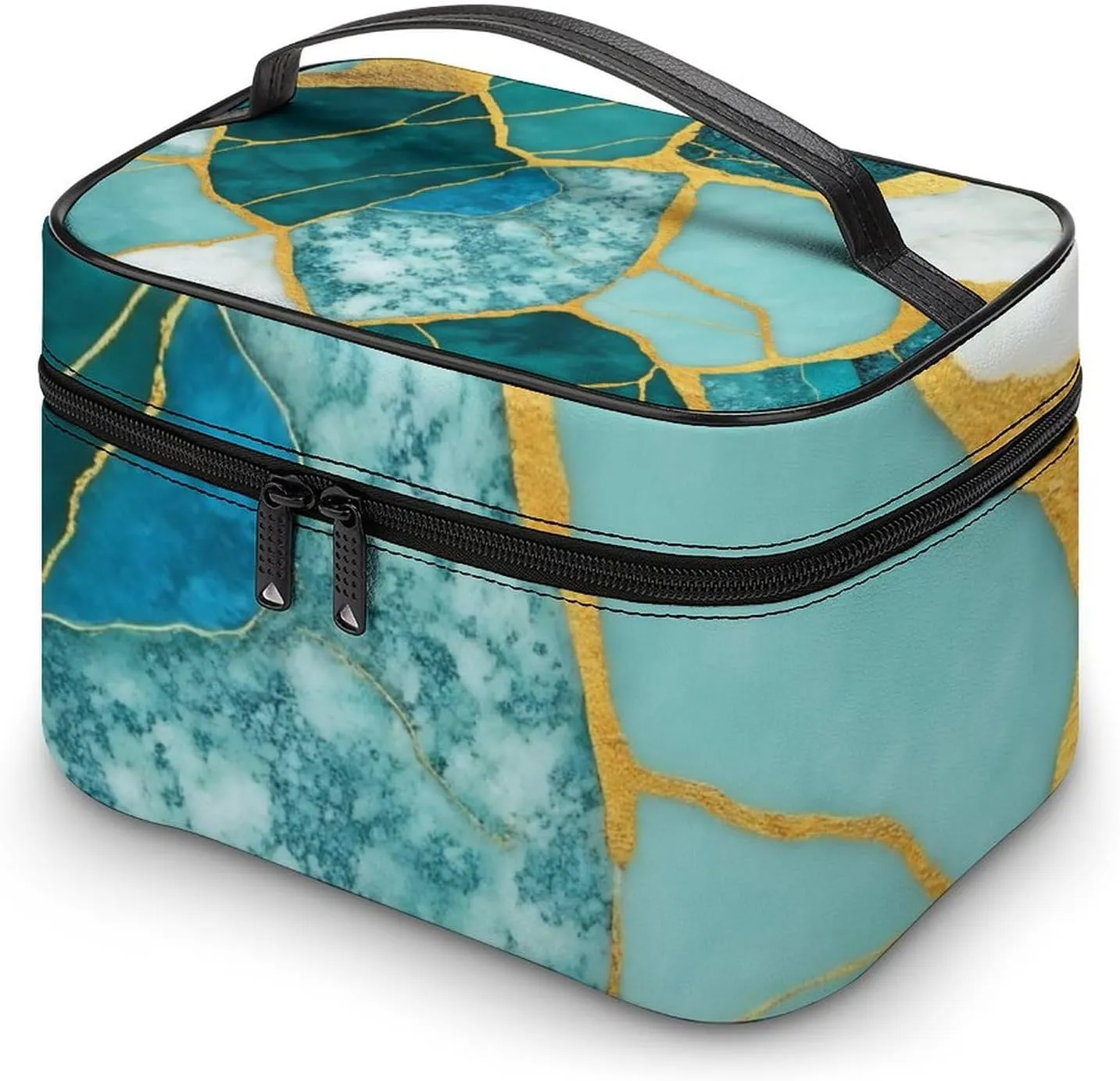 Stylish Cosmetic Bag for Women, Travel Toiletry Storage Bag with with Zipper Pouch Gold Glitters Marble Turquoise Luxury Texture Makeup Organizer Case