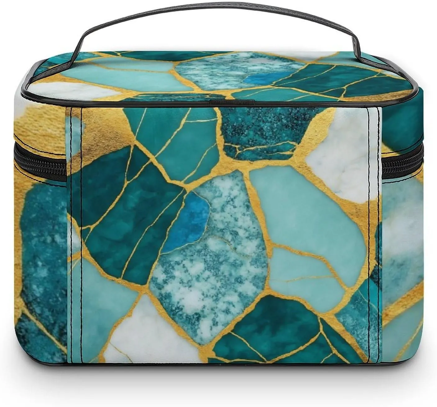 Stylish Cosmetic Bag for Women, Travel Toiletry Storage Bag with with Zipper Pouch Gold Glitters Marble Turquoise Luxury Texture Makeup Organizer Case