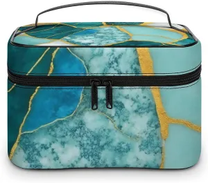 Stylish Cosmetic Bag for Women, Travel Toiletry Storage Bag with with Zipper Pouch Gold Glitters Marble Turquoise Luxury Texture Makeup Organizer Case