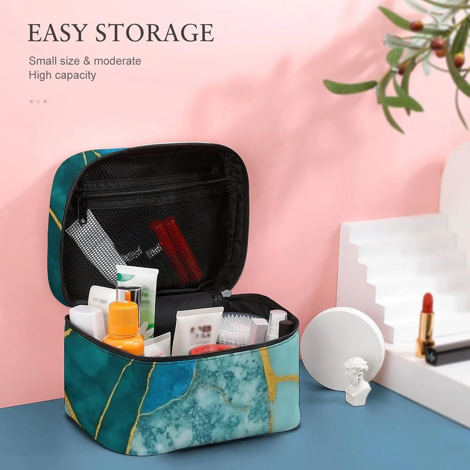 Stylish Cosmetic Bag for Women, Travel Toiletry Storage Bag with with Zipper Pouch Gold Glitters Marble Turquoise Luxury Texture Makeup Organizer Case