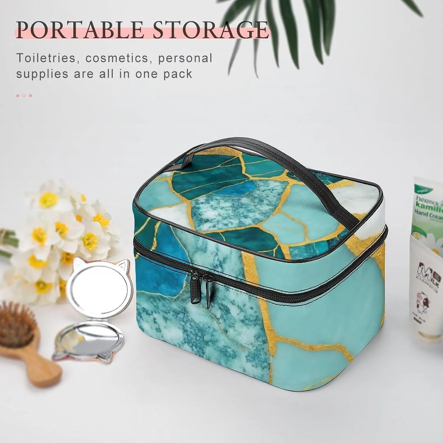 Stylish Cosmetic Bag for Women, Travel Toiletry Storage Bag with with Zipper Pouch Gold Glitters Marble Turquoise Luxury Texture Makeup Organizer Case