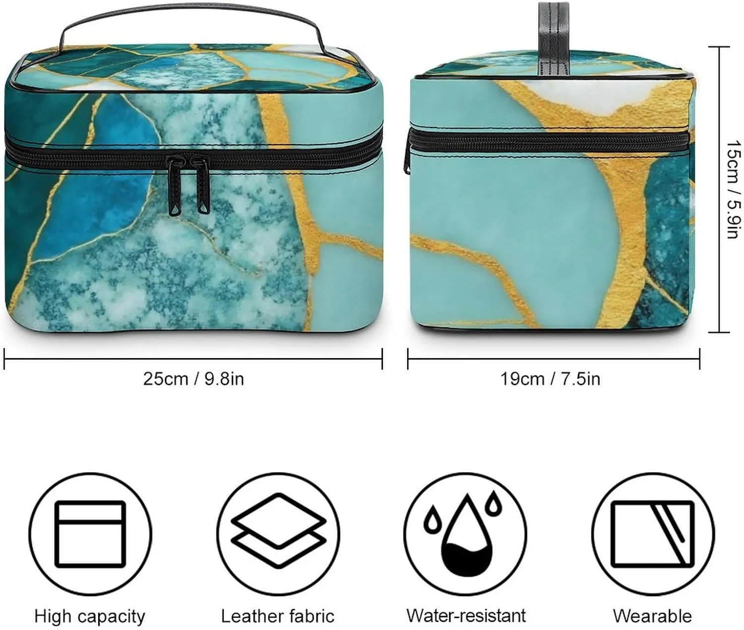 Stylish Cosmetic Bag for Women, Travel Toiletry Storage Bag with with Zipper Pouch Gold Glitters Marble Turquoise Luxury Texture Makeup Organizer Case