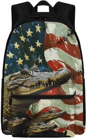 Stylish Daypack Computer Laptop Back Pack for Mens Women Fashion American Flag Alligator Unisex Large Capacity Daypack with Top Handle and Adjustable Chest Strap