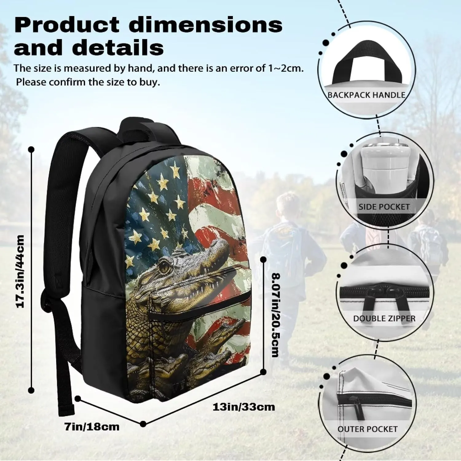 Stylish Daypack Computer Laptop Back Pack for Mens Women Fashion American Flag Alligator Unisex Large Capacity Daypack with Top Handle and Adjustable Chest Strap