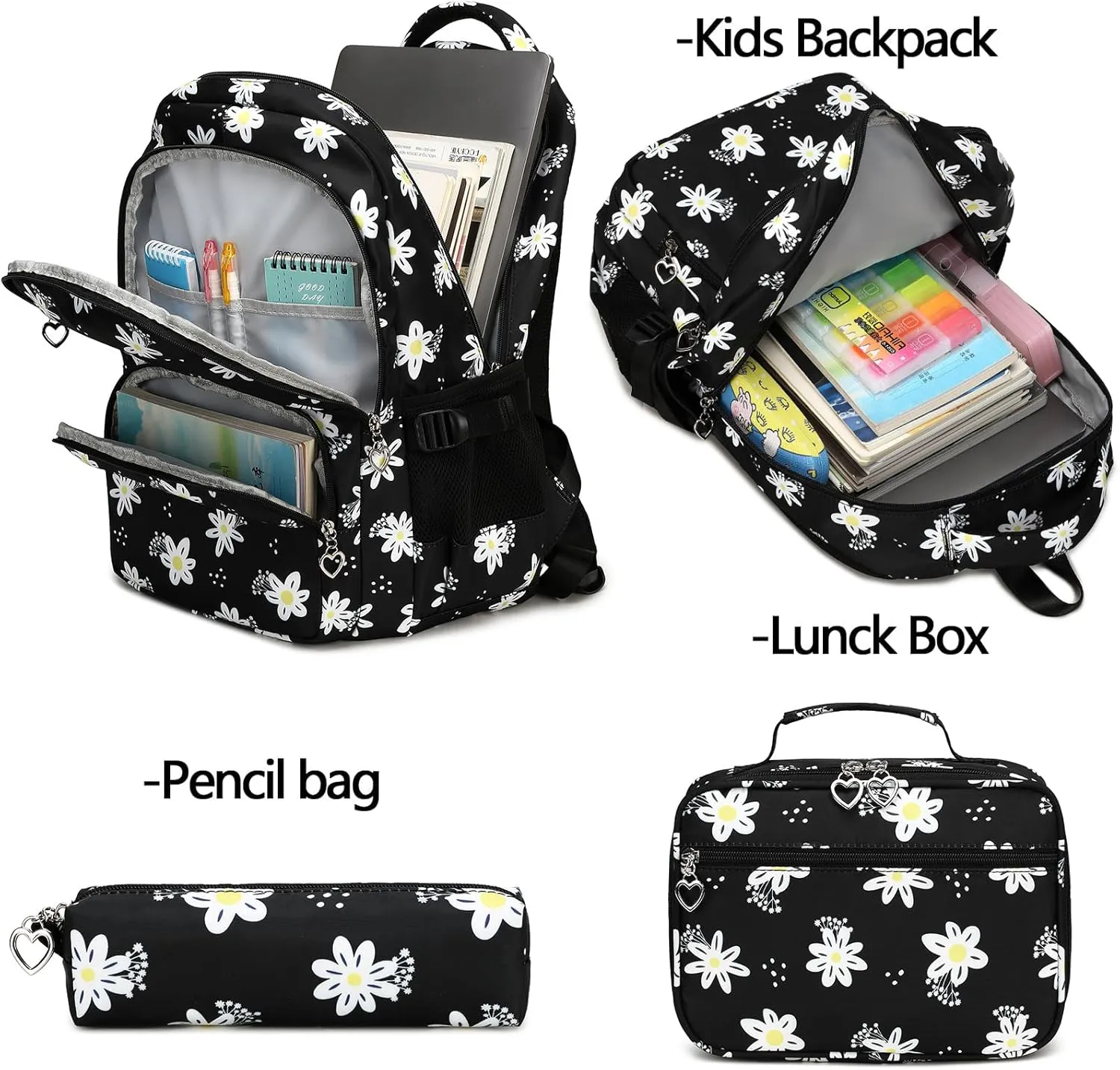 Sugaroom 3Pcs Daisy Backpack for Girls Backpack with Lunch Box Elementary Primary Middle School Backpack Kids Bookbags Set