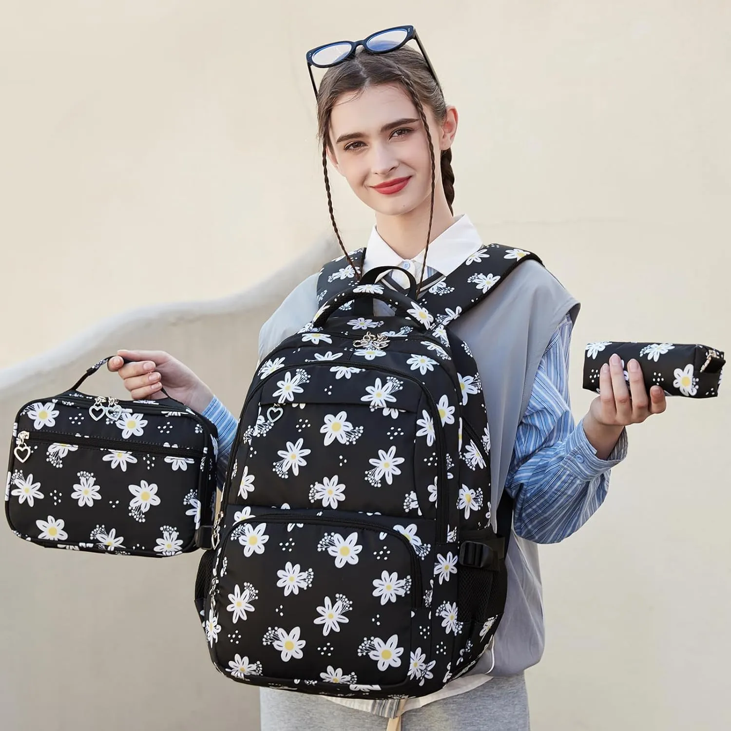 Sugaroom 3Pcs Daisy Backpack for Girls Backpack with Lunch Box Elementary Primary Middle School Backpack Kids Bookbags Set