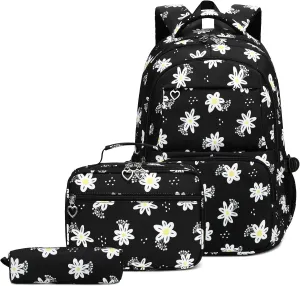 Sugaroom 3Pcs Daisy Backpack for Girls Backpack with Lunch Box Elementary Primary Middle School Backpack Kids Bookbags Set