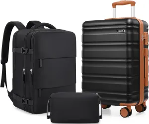 Suitcase Set 3 Piece, 20 IN Carry On Luggage with TSA Lock Spinner Wheels Extension Handle, Hard Shell Luggage Set Women Men, Suitcase With Fully Lined Interior (Black, 20in-3PCS)