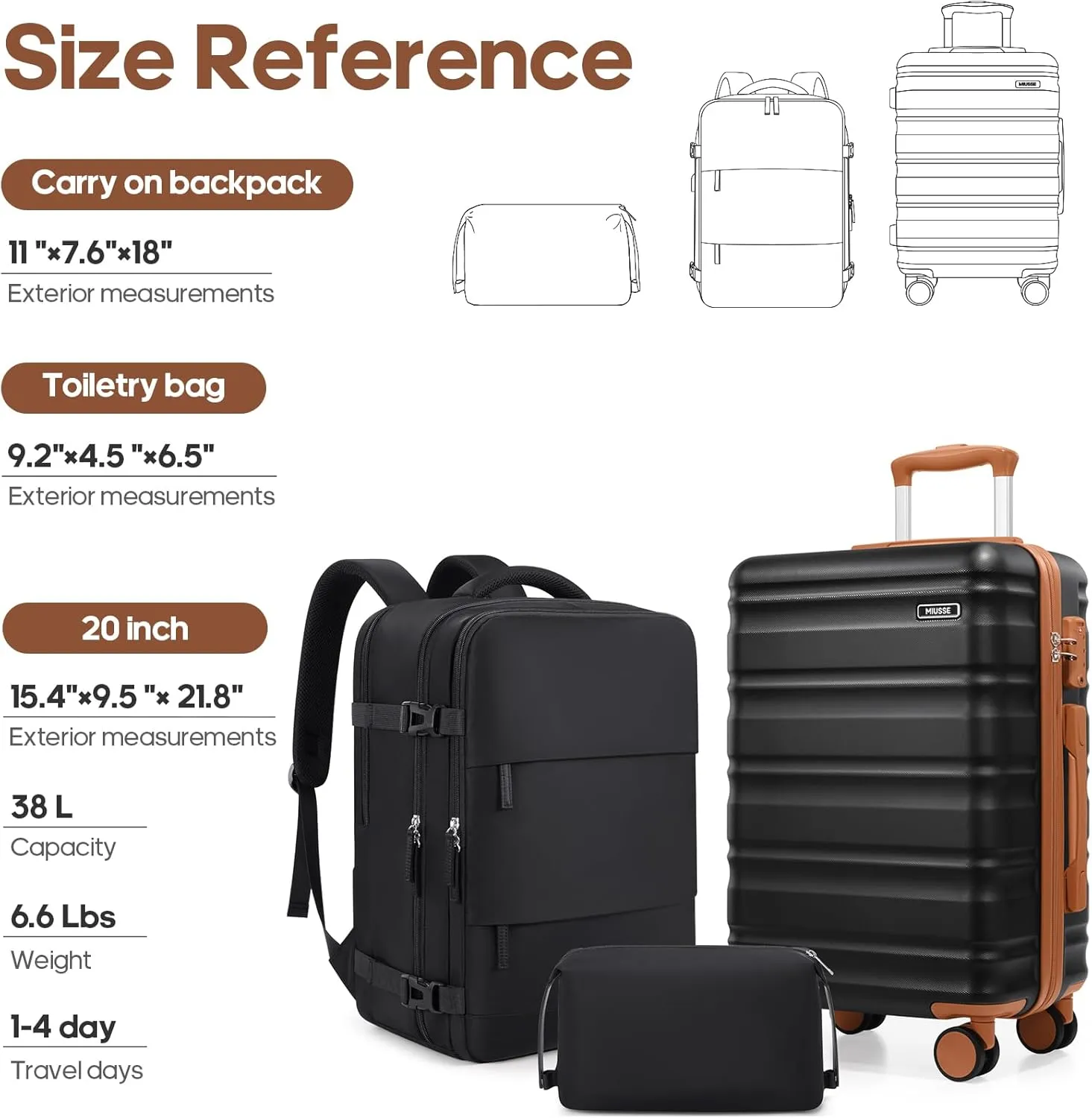 Suitcase Set 3 Piece, 20 IN Carry On Luggage with TSA Lock Spinner Wheels Extension Handle, Hard Shell Luggage Set Women Men, Suitcase With Fully Lined Interior (Black, 20in-3PCS)