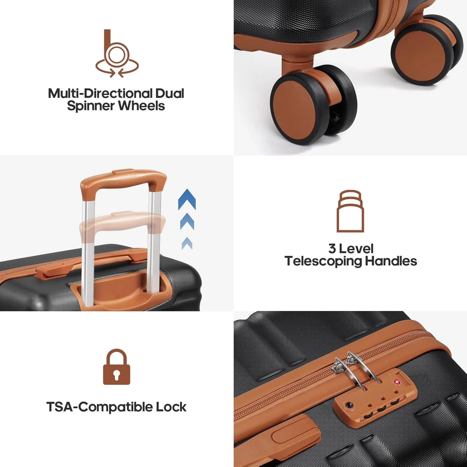 Suitcase Set 3 Piece, 20 IN Carry On Luggage with TSA Lock Spinner Wheels Extension Handle, Hard Shell Luggage Set Women Men, Suitcase With Fully Lined Interior (Black, 20in-3PCS)