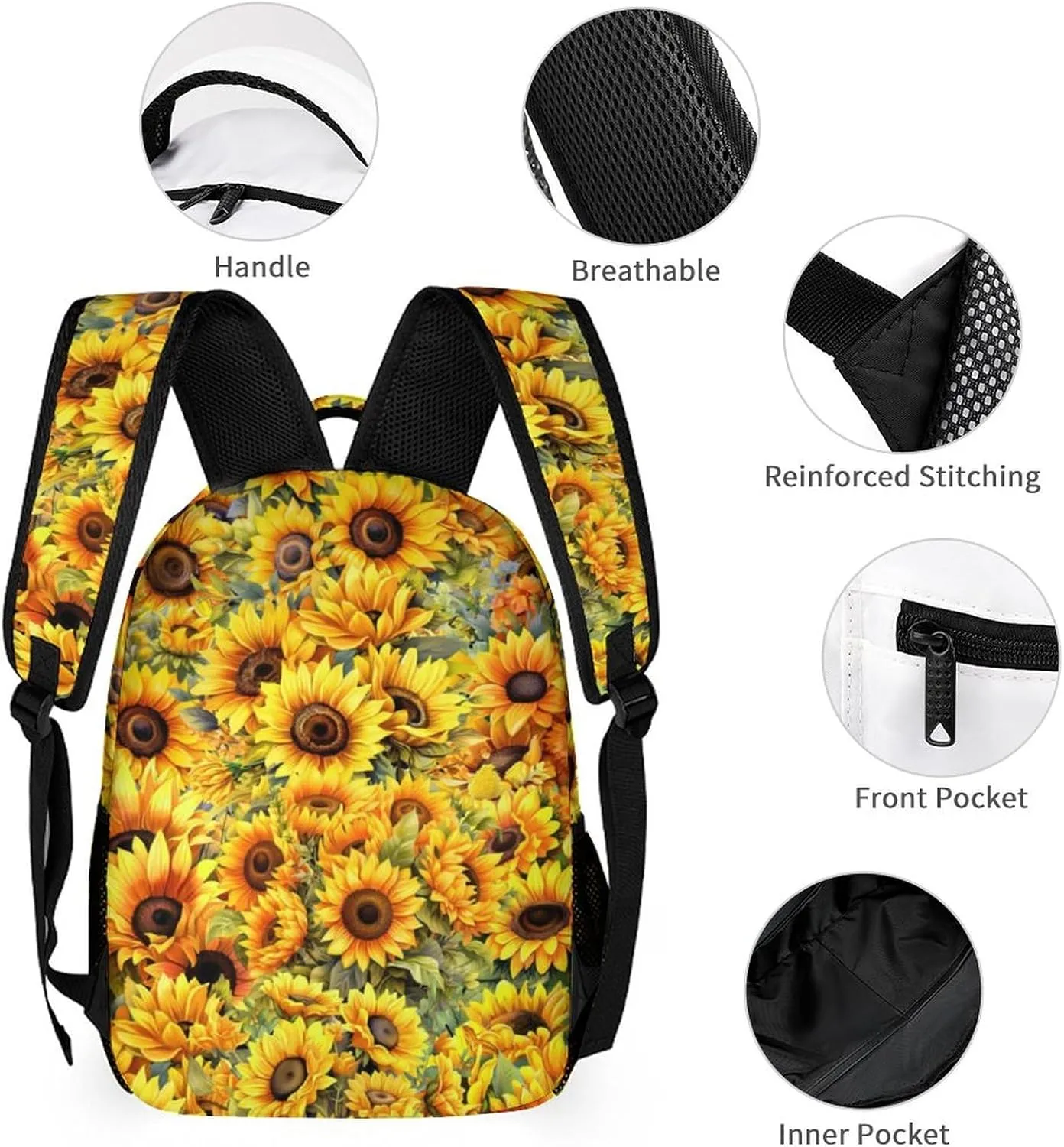 Sunflower Backpack with Lunch Box & Pencil Case for Kids Girls Boys School, 16 Inch Cute Sunflowers Bookbag, School Backpack for Students Children, Lightweight, Large Capacity