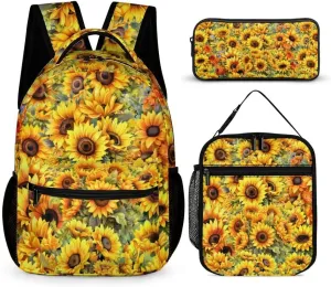 Sunflower Backpack with Lunch Box & Pencil Case for Kids Girls Boys School, 16 Inch Cute Sunflowers Bookbag, School Backpack for Students Children, Lightweight, Large Capacity
