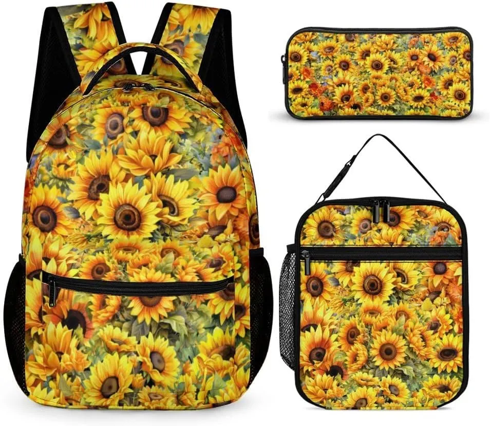 Sunflower Backpack with Lunch Box & Pencil Case for Kids Girls Boys School, 16 Inch Cute Sunflowers Bookbag, School Backpack for Students Children, Lightweight, Large Capacity