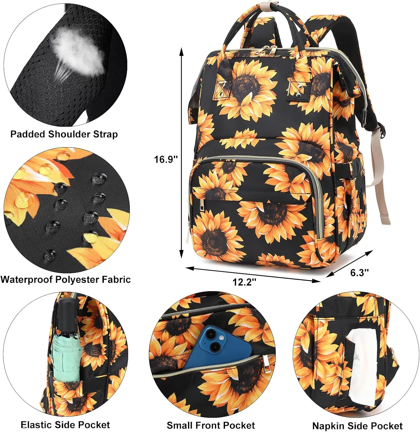 Sunflower Lunch Backpack Laptop Backpack for Women, Girls School Backpack College Bookbags Travel Backpack (Black)