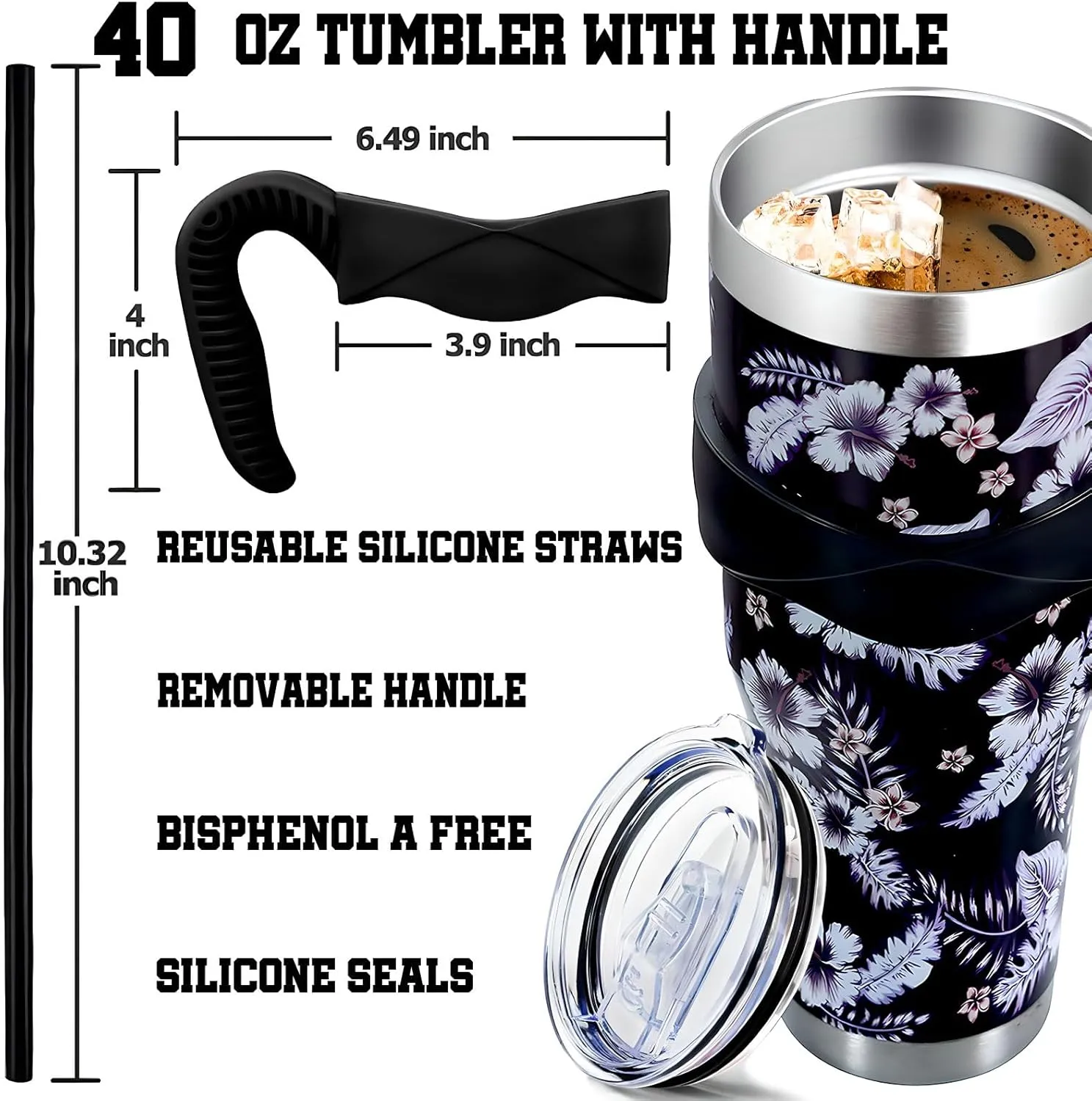 Sunmdecor Flower Tumbler with Handle and Silicone Straws - 40 Oz Flower Cups Insulated Tumbler - Flower Cup Gift for Women