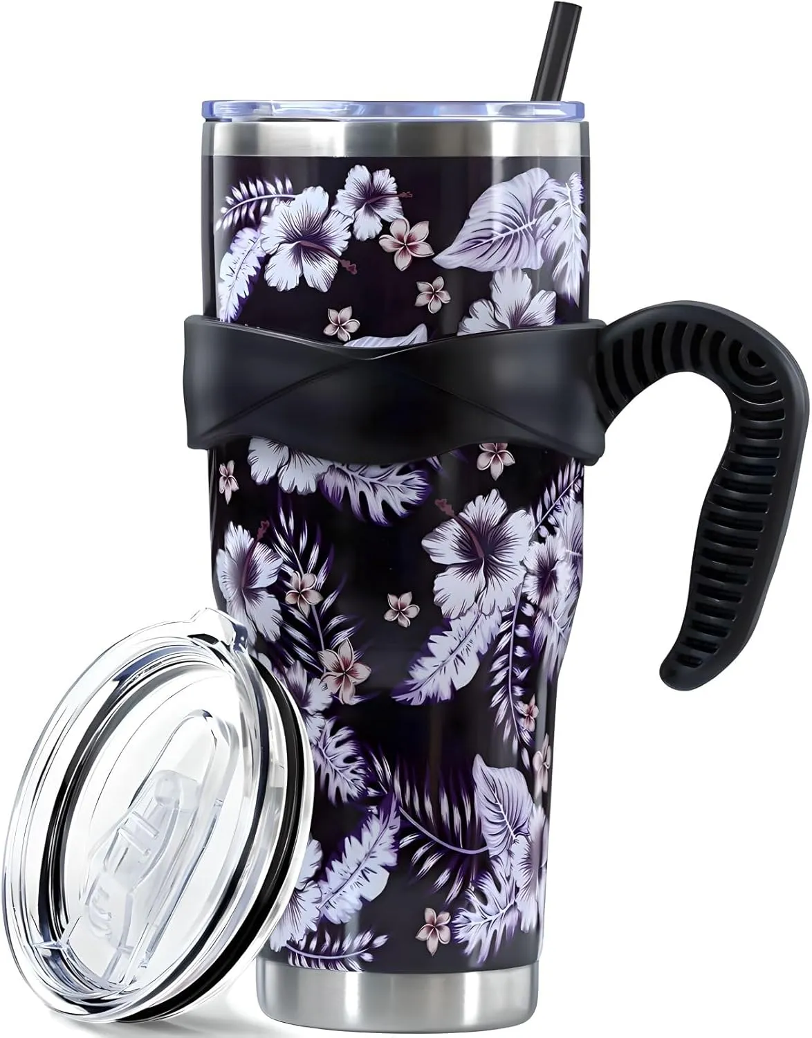 Sunmdecor Flower Tumbler with Handle and Silicone Straws - 40 Oz Flower Cups Insulated Tumbler - Flower Cup Gift for Women
