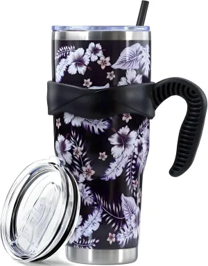 Sunmdecor Flower Tumbler with Handle and Silicone Straws - 40 Oz Flower Cups Insulated Tumbler - Flower Cup Gift for Women