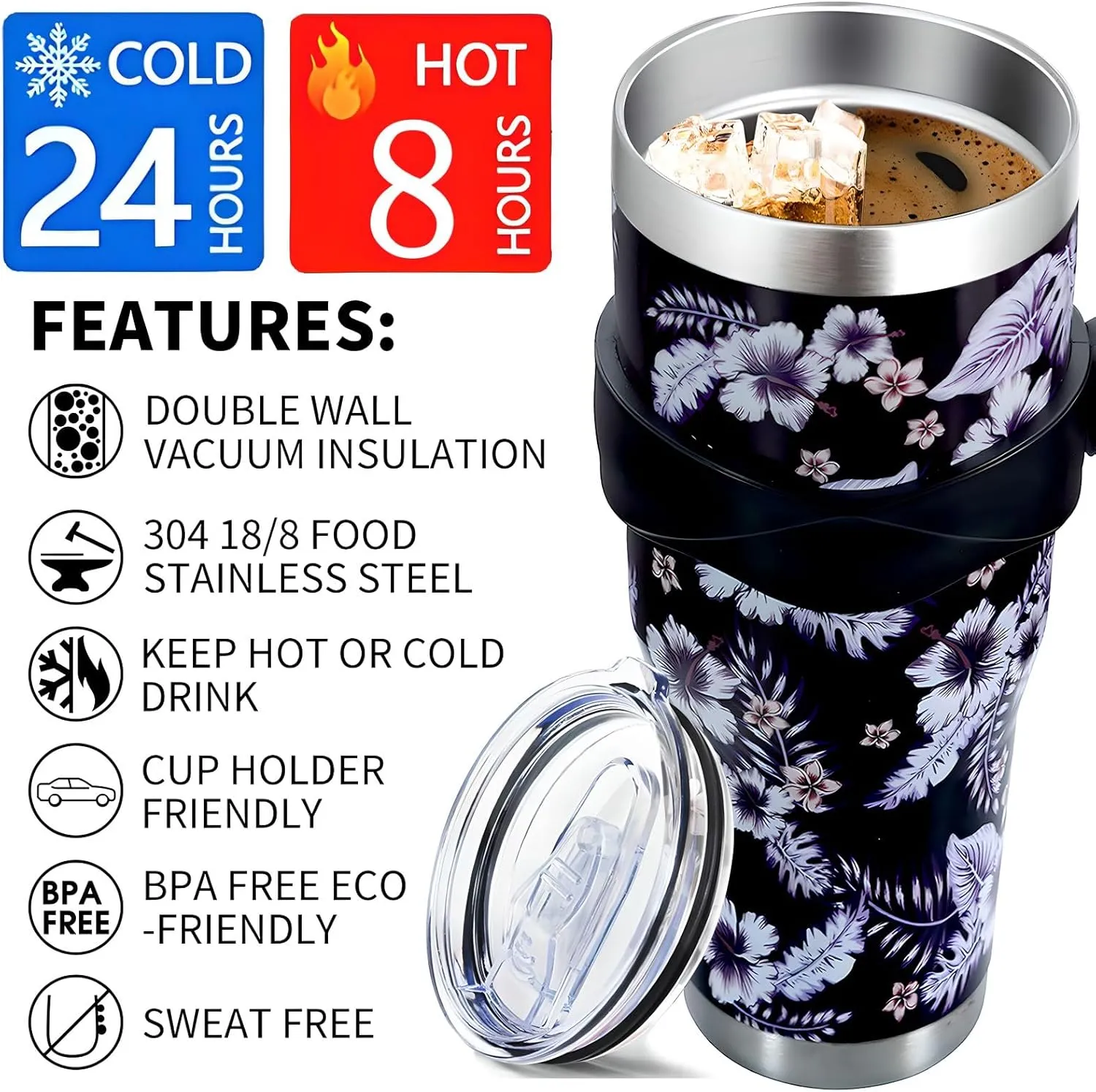 Sunmdecor Flower Tumbler with Handle and Silicone Straws - 40 Oz Flower Cups Insulated Tumbler - Flower Cup Gift for Women