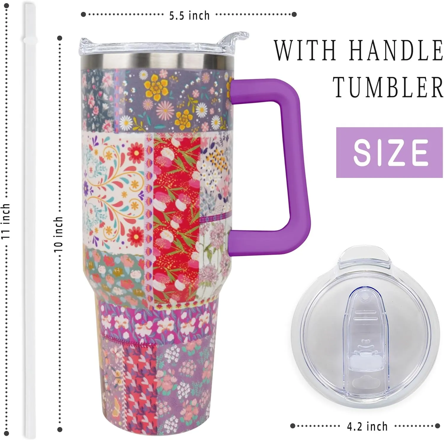 Sunmdecor Pioneer Women Tumbler with Handle and Silicone Straws - 40 Oz Flower Cups Insulated Tumbler - Monther's Day Nice Gift for Mom, Grandma