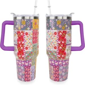 Sunmdecor Pioneer Women Tumbler with Handle and Silicone Straws - 40 Oz Flower Cups Insulated Tumbler - Monther's Day Nice Gift for Mom, Grandma