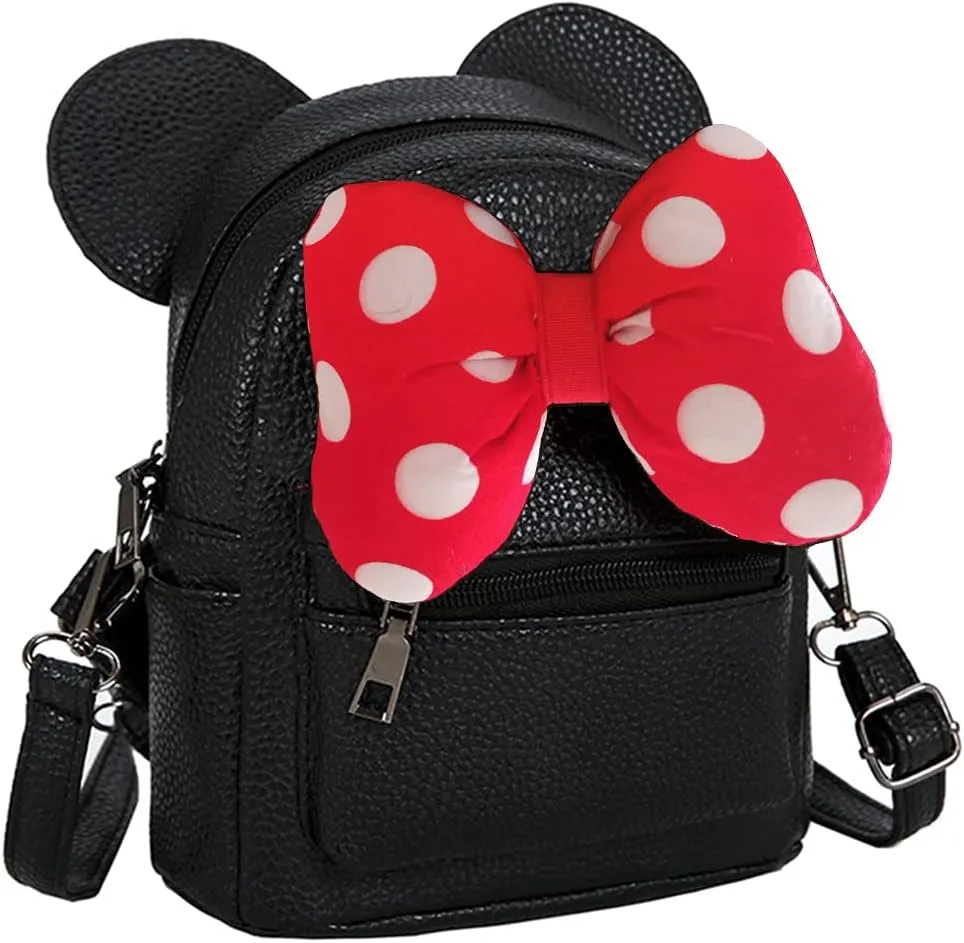Sunwel Fashion Girls Mini Backpack Purse Mouse Ear Polka-dot Sequin Bow Convertible Backpack to Crossbody Bag for Women (black cotton polkadot bow, W8.7 x H10)