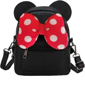 Sunwel Fashion Girls Mini Backpack Purse Mouse Ear Polka-dot Sequin Bow Convertible Backpack to Crossbody Bag for Women (black cotton polkadot bow, W8.7 x H10)