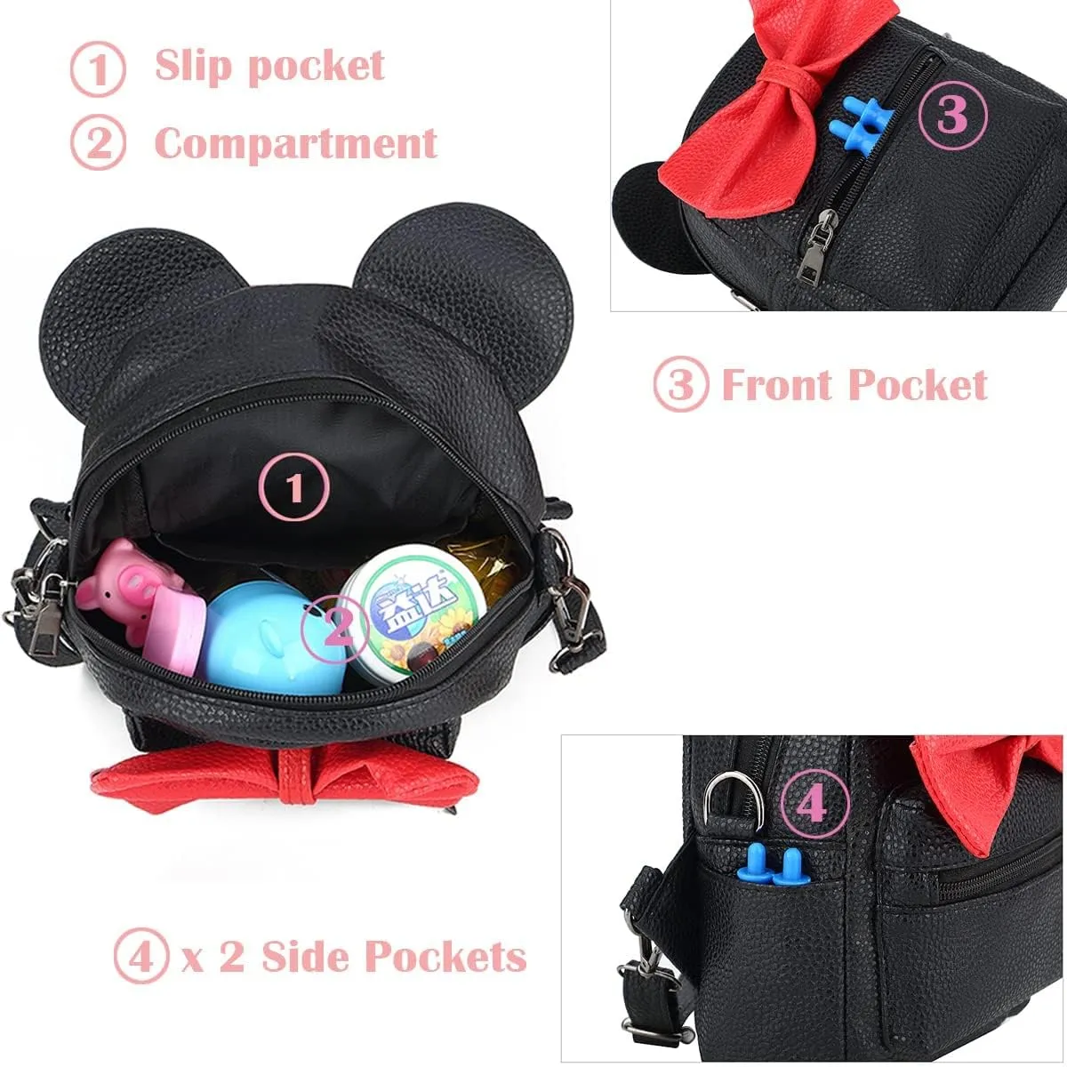 Sunwel Fashion Girls Mini Backpack Purse Mouse Ear Polka-dot Sequin Bow Convertible Backpack to Crossbody Bag for Women (black sequin bow, W7.5 x H8.7)