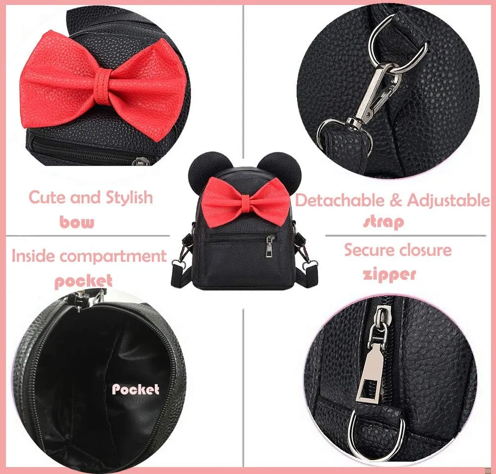 Sunwel Fashion Girls Mini Backpack Purse Mouse Ear Polka-dot Sequin Bow Convertible Backpack to Crossbody Bag for Women (black sequin bow, W7.5 x H8.7)