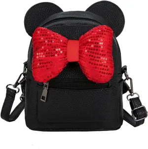 Sunwel Fashion Girls Mini Backpack Purse Mouse Ear Polka-dot Sequin Bow Convertible Backpack to Crossbody Bag for Women (black sequin bow, W7.5 x H8.7)