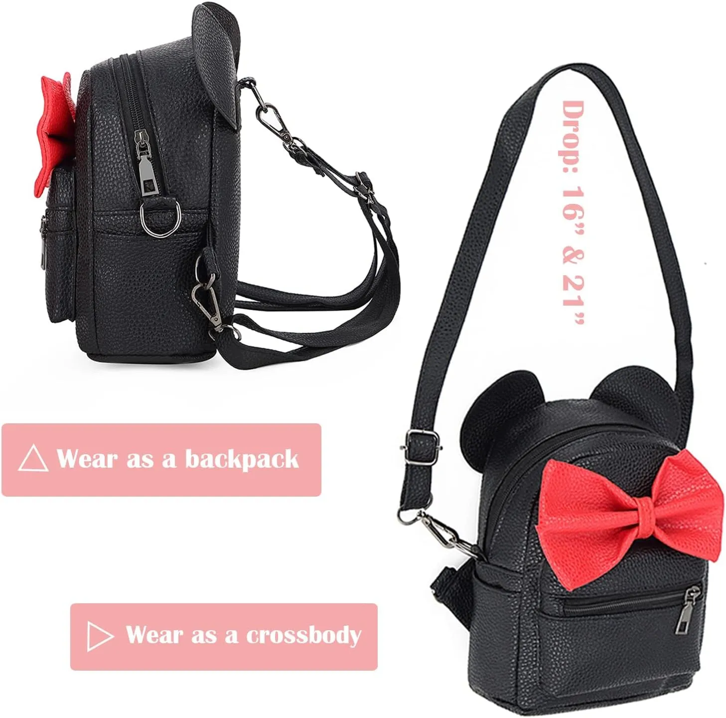 Sunwel Fashion Girls Mini Backpack Purse Mouse Ear Polka-dot Sequin Bow Convertible Backpack to Crossbody Bag for Women (black sequin bow, W7.5 x H8.7)
