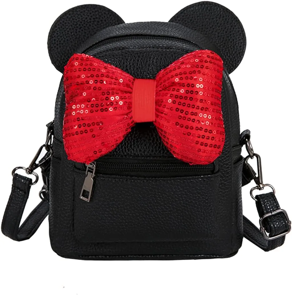 Sunwel Fashion Girls Mini Backpack Purse Mouse Ear Polka-dot Sequin Bow Convertible Backpack to Crossbody Bag for Women (black sequin bow, W7.5 x H8.7)
