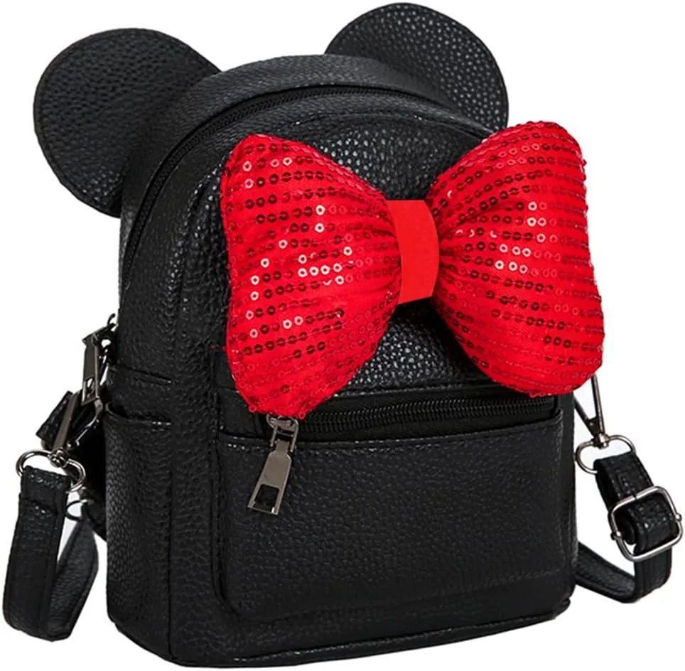Sunwel Fashion Girls Mini Backpack Purse Mouse Ear Polka-dot Sequin Bow Convertible Backpack to Crossbody Bag for Women (black sequin bow, W7.5 x H8.7)