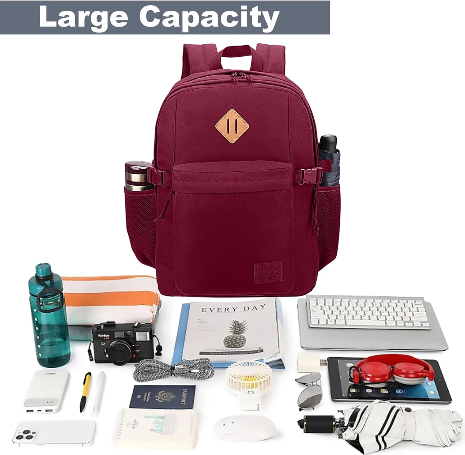 SUPACOOL Casual Backpack For School, Classical Travel Backpack for Men and Women, Bookbag for Boys, Girls and Kids, Laptop Compartment(Burgundy)