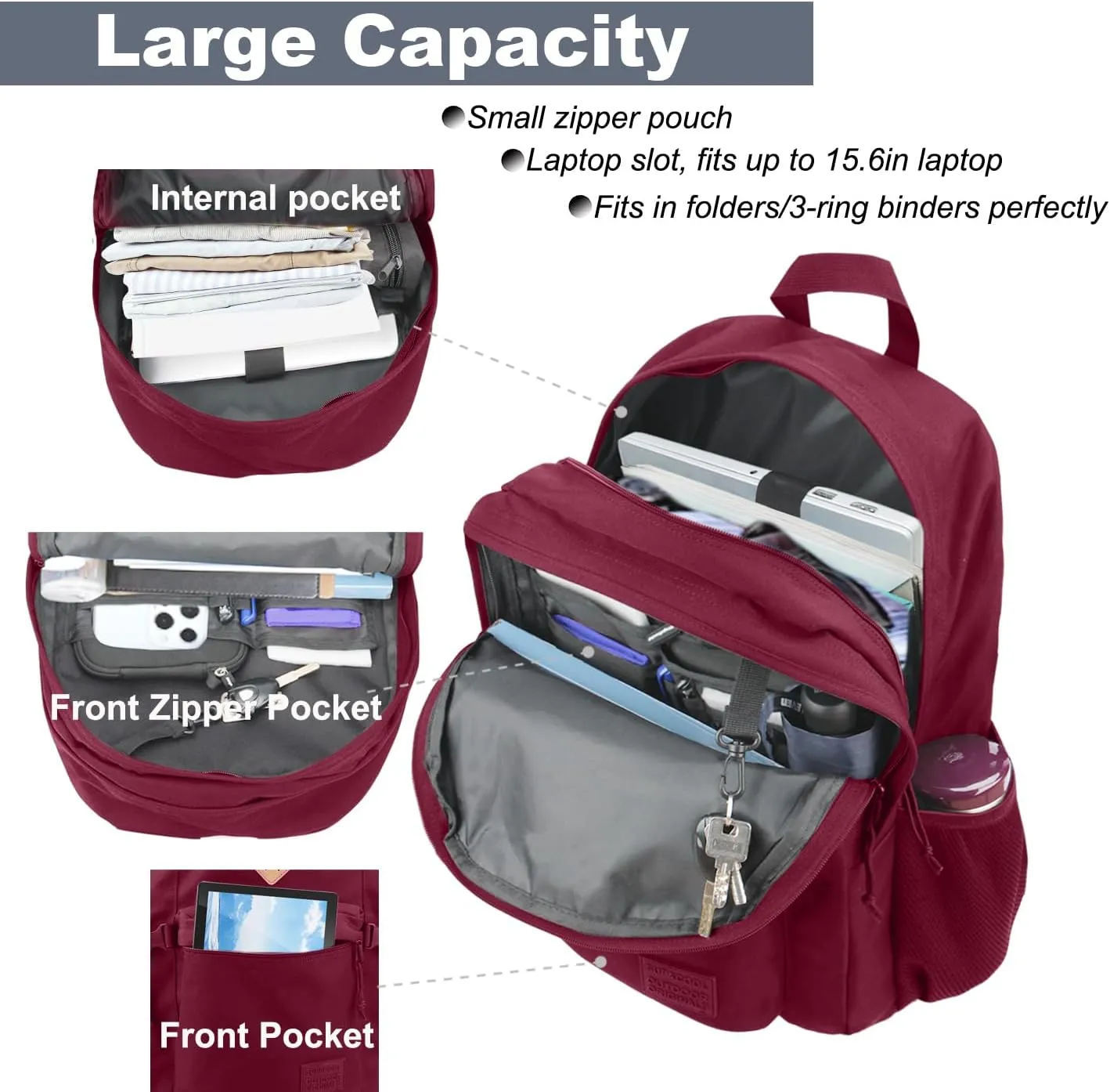 SUPACOOL Casual Backpack For School, Classical Travel Backpack for Men and Women, Bookbag for Boys, Girls and Kids, Laptop Compartment(Burgundy)