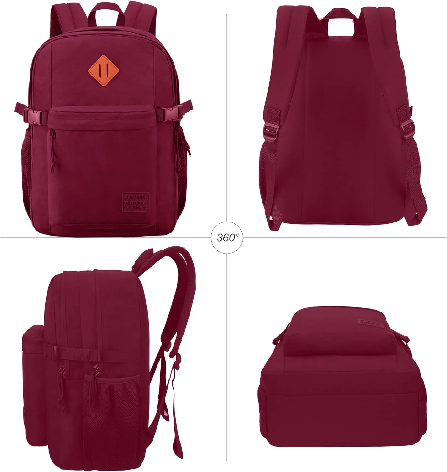 SUPACOOL Casual Backpack For School, Classical Travel Backpack for Men and Women, Bookbag for Boys, Girls and Kids, Laptop Compartment(Burgundy)