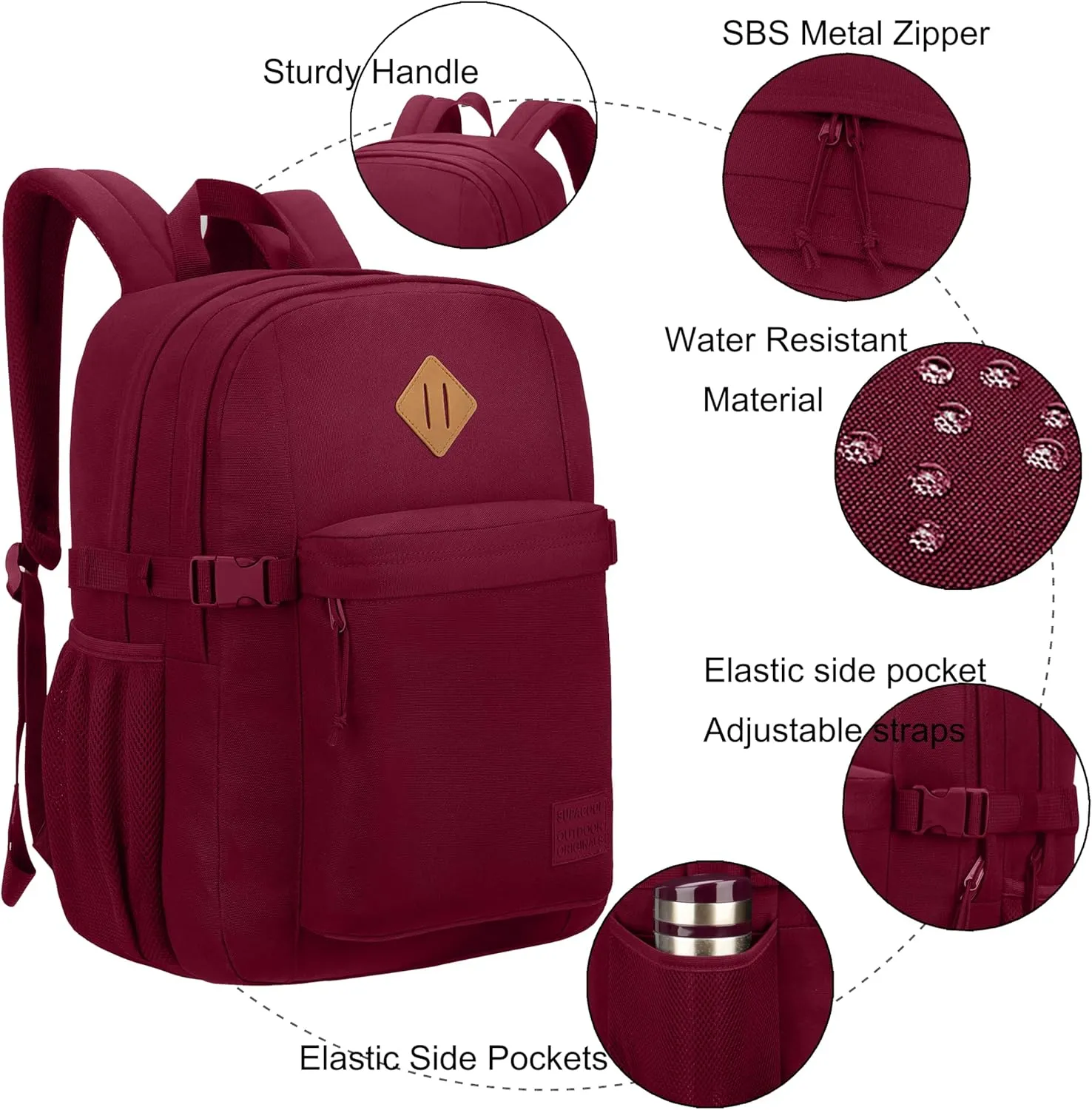 SUPACOOL Casual Backpack For School, Classical Travel Backpack for Men and Women, Bookbag for Boys, Girls and Kids, Laptop Compartment(Burgundy)