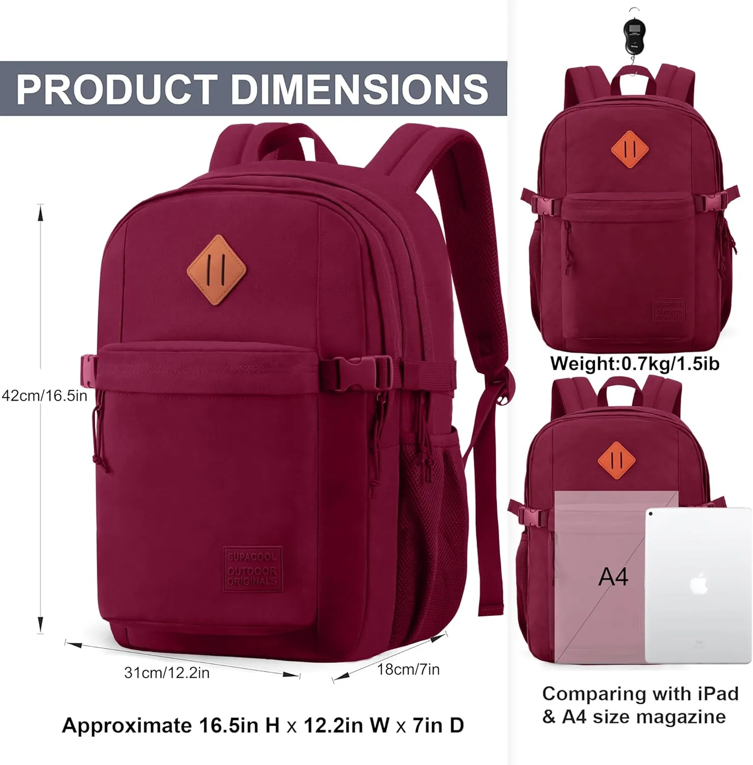 SUPACOOL Casual Backpack For School, Classical Travel Backpack for Men and Women, Bookbag for Boys, Girls and Kids, Laptop Compartment(Burgundy)
